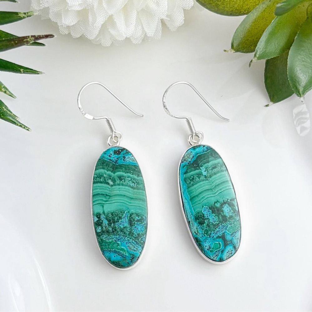 Top Quality Malachite Chrysocolla Pure Sterling Silver 925 Gemstone Earrings - Picture 2 of 9